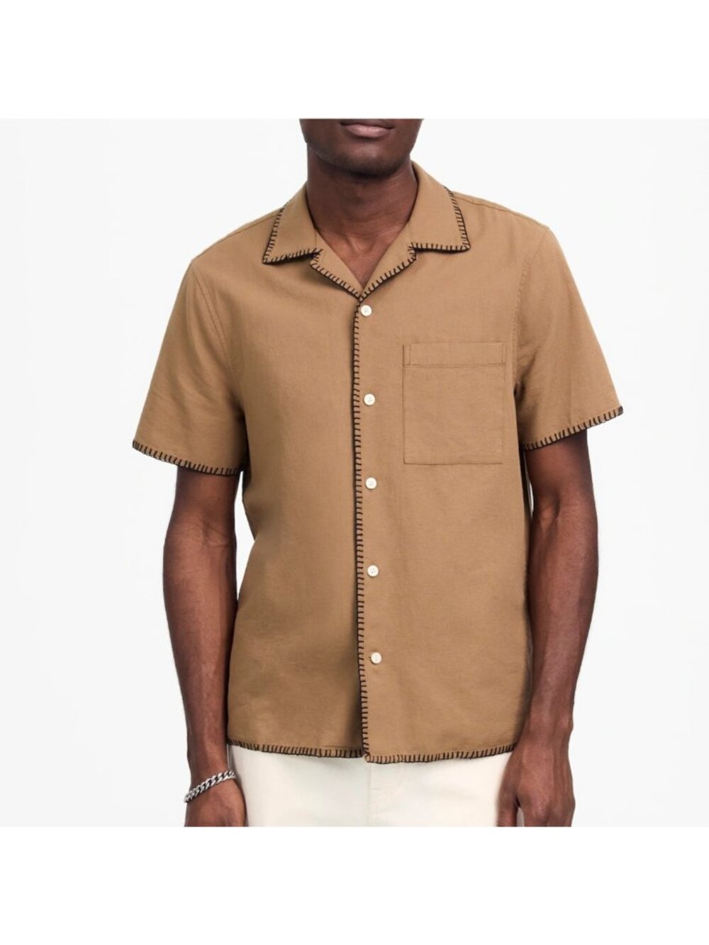 Madewell Men’s Short-Sleeve Button-Down Shirt in Camel with Black Trim